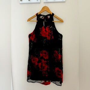 Halter sheath with tie back and velvet/sheer overlay.